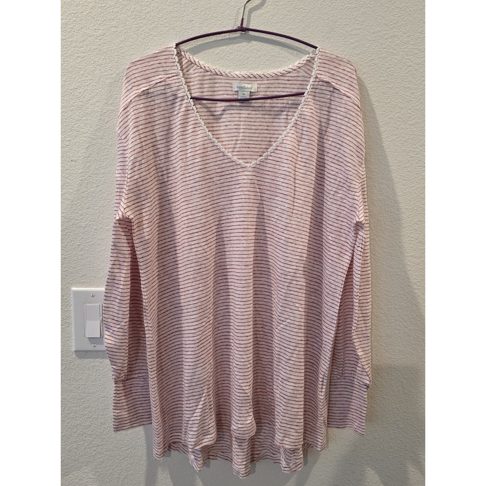 Sundance Mariner V Neck Top Sz XL Red White Stripe 100% Linen Coastal Euro Luxe - Picture 2 of 7